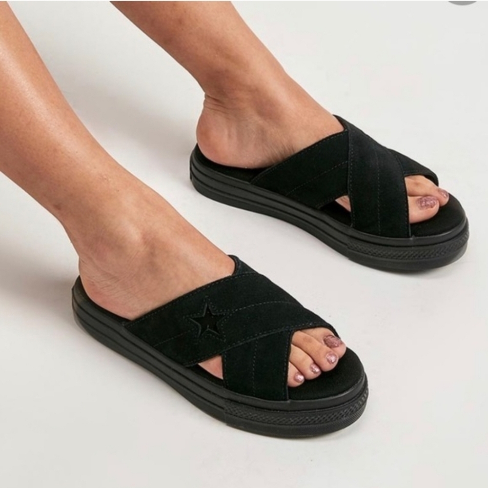 Rare Converse One Star Black Suede Crossband Slide Platform Sandals - 8